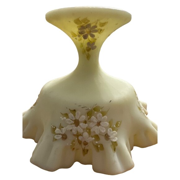 Vintage Fenton Custard Glass Ruffled Edge Hand Painted Floral Pedestal Bowl Sign - Picture 4 of 5
